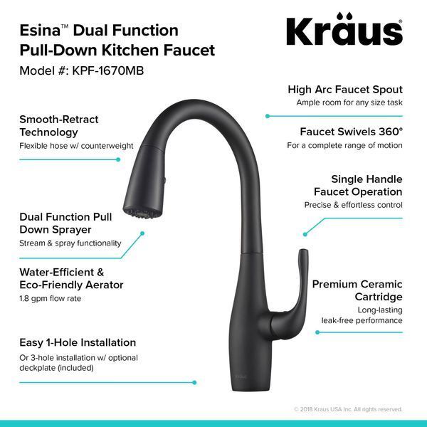 Кухонный смеситель Kraus Esina&trade; с вытяжным изливом и функцией душа (KPF-1670MB) Черный KPF-1670MB фото