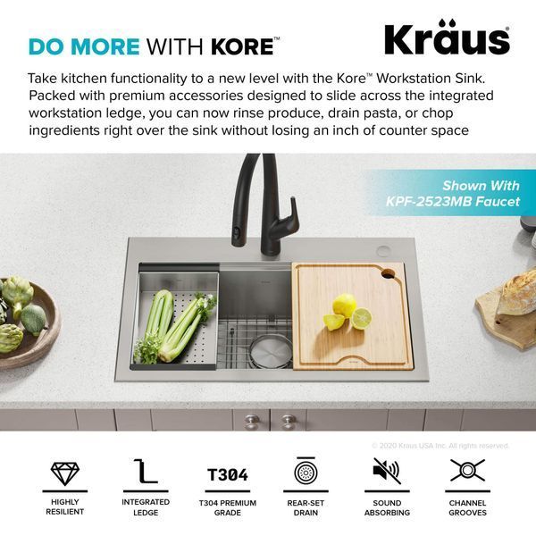Кухонна мийка Kraus Kore&trade; з неіржавної сталі 1,5 мм (KWT300-32) монтаж на стільницю KWT300-32 фото