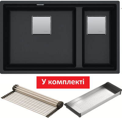 Кухонна мийка Franke KUBUS 2 KNG 120 (125.0631.520) гранітна - монтаж під стільницю - колір Чорний матовий - (коландер та килимок Rollmat у комплекті) 125.0631.520 фото