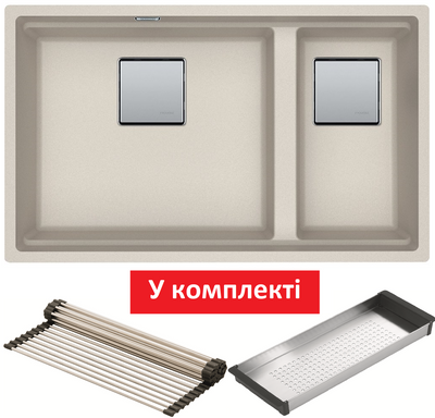 Кухонна мийка Franke KUBUS 2 KNG 120 (125.0517.109) гранітна - монтаж під стільницю - колір Сахара - (коландер та килимок Rollmat у комплекті) 125.0517.109 фото