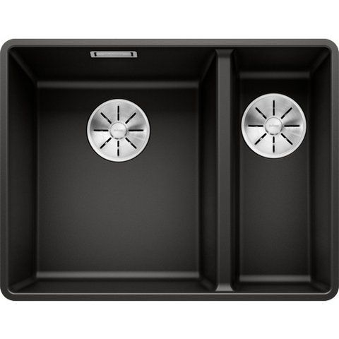 Кухонная мойка Blanco SUBLINE 340/160-F Silgranit&reg; цвет черный с отводной арматурой InFino (525984) монтаж в уровень со столешницей 525984 фото